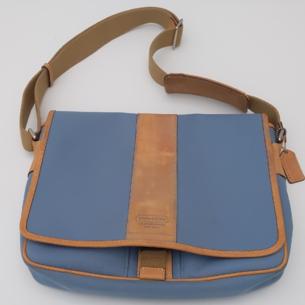 Coach Blue Canvas Messenger Bag with Tan Leather Trim